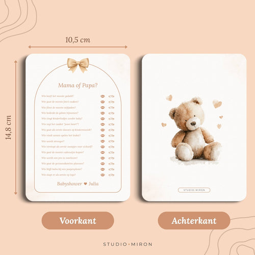 Babyshower spel Mama of Papa in Boho Beige Beertje stijl, formaat voorkant en achterkant – Studio Miron