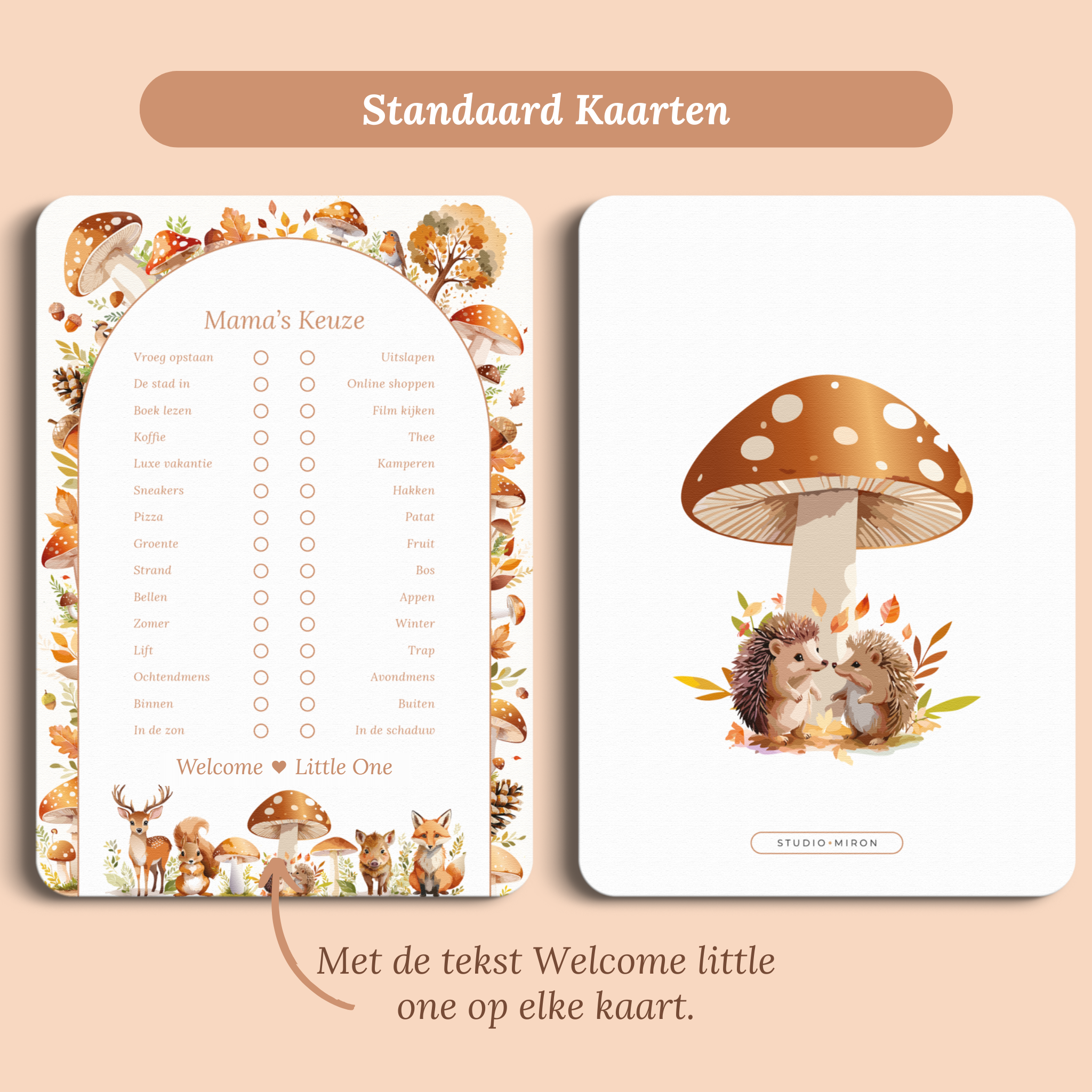 Babyshower spelkaart Mama’s Keuze in Bosdieren stijl, standaardversie met Welcome Little One – Studio Miron
