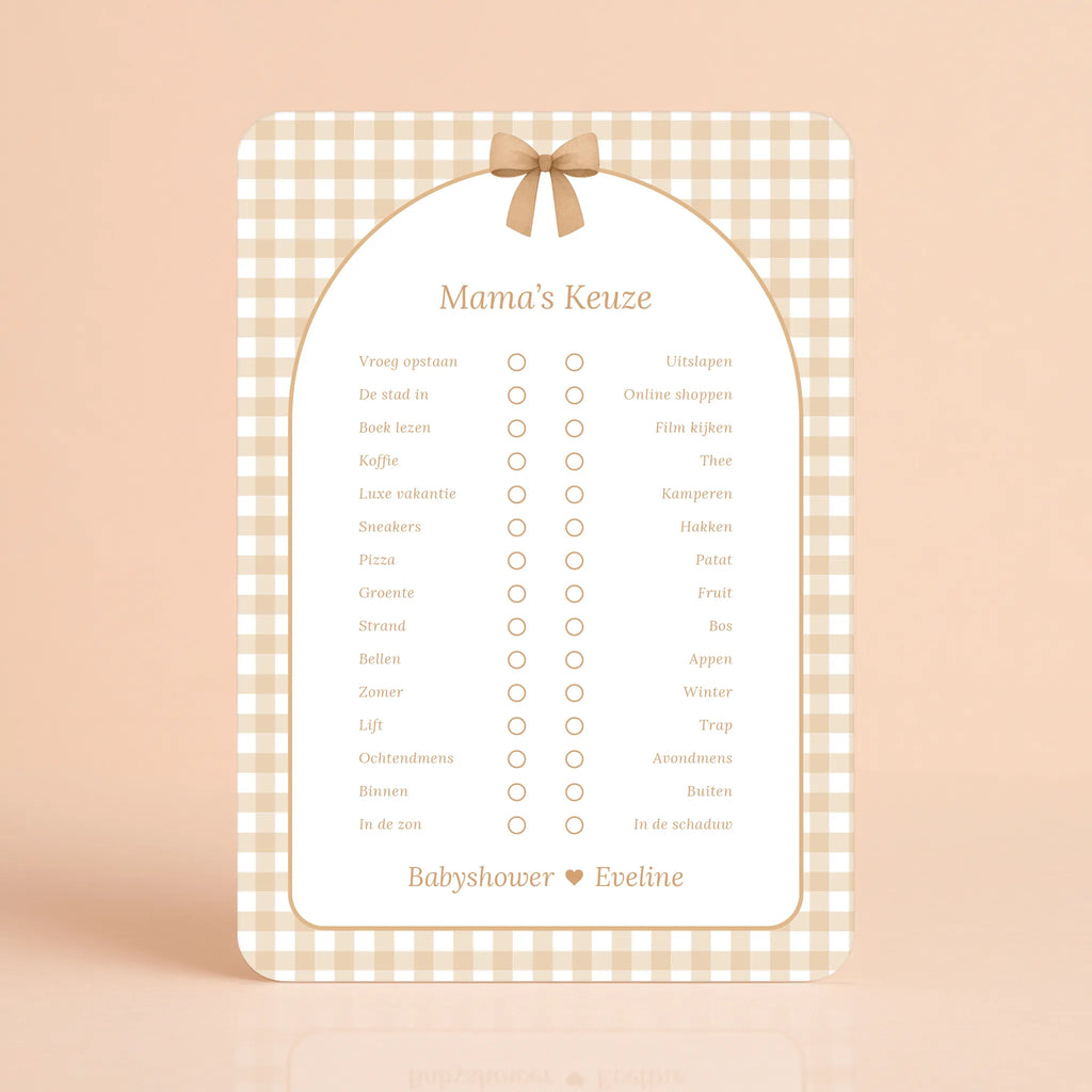 Babyshower spelkaart Mama’s Keuze in Gingham Bruin stijl, gepersonaliseerd met naam – Studio Miron