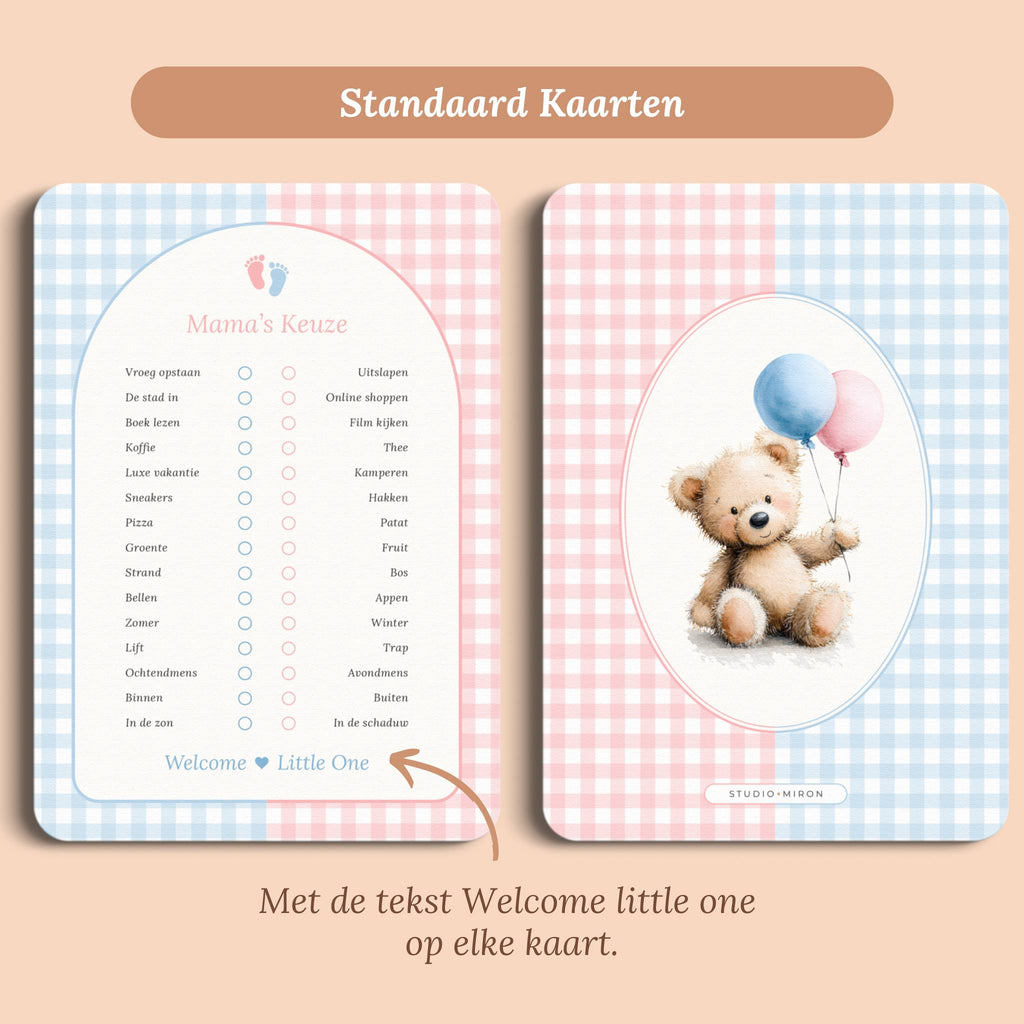 Babyshower spelletjes mamas keuze gingham roze blauw standaard voor en achter Studio Miron