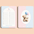 Babyshower spelletjes namenrace gingham roze blauw voor en achter Studio Miron