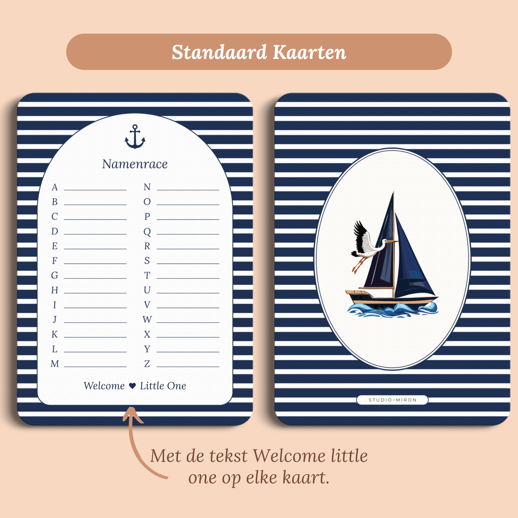 Babyshower spelkaart Namenrace in Navy Blue stijl, standaardversie met Welcome Little One – Studio Miron