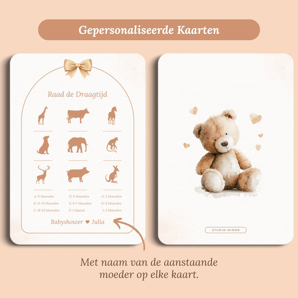 Babyshower spelletjes raad de draagtijd boho beige beertje gepersonaliseerd voor en achter Studio Miron