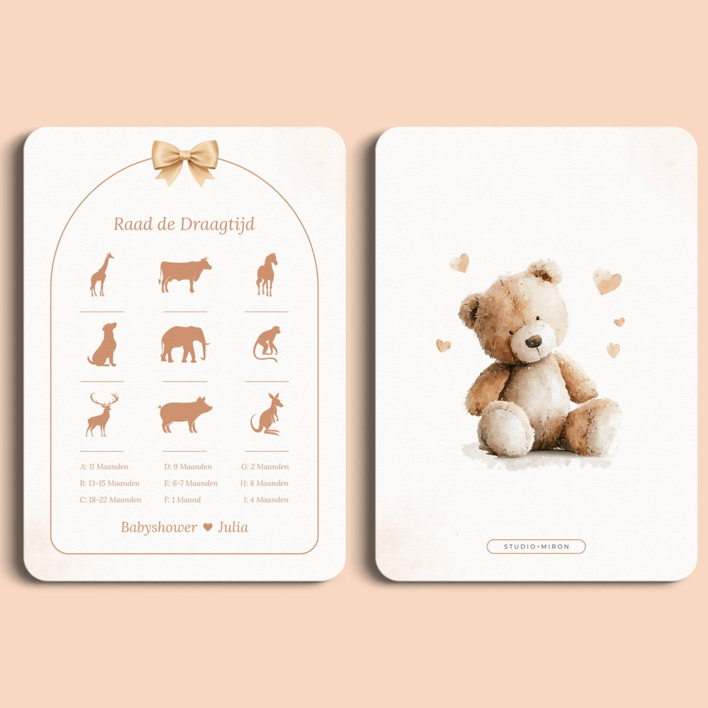 Babyshower spelletjes raad de draagtijd boho beige beertje voor en achter Studio Miron