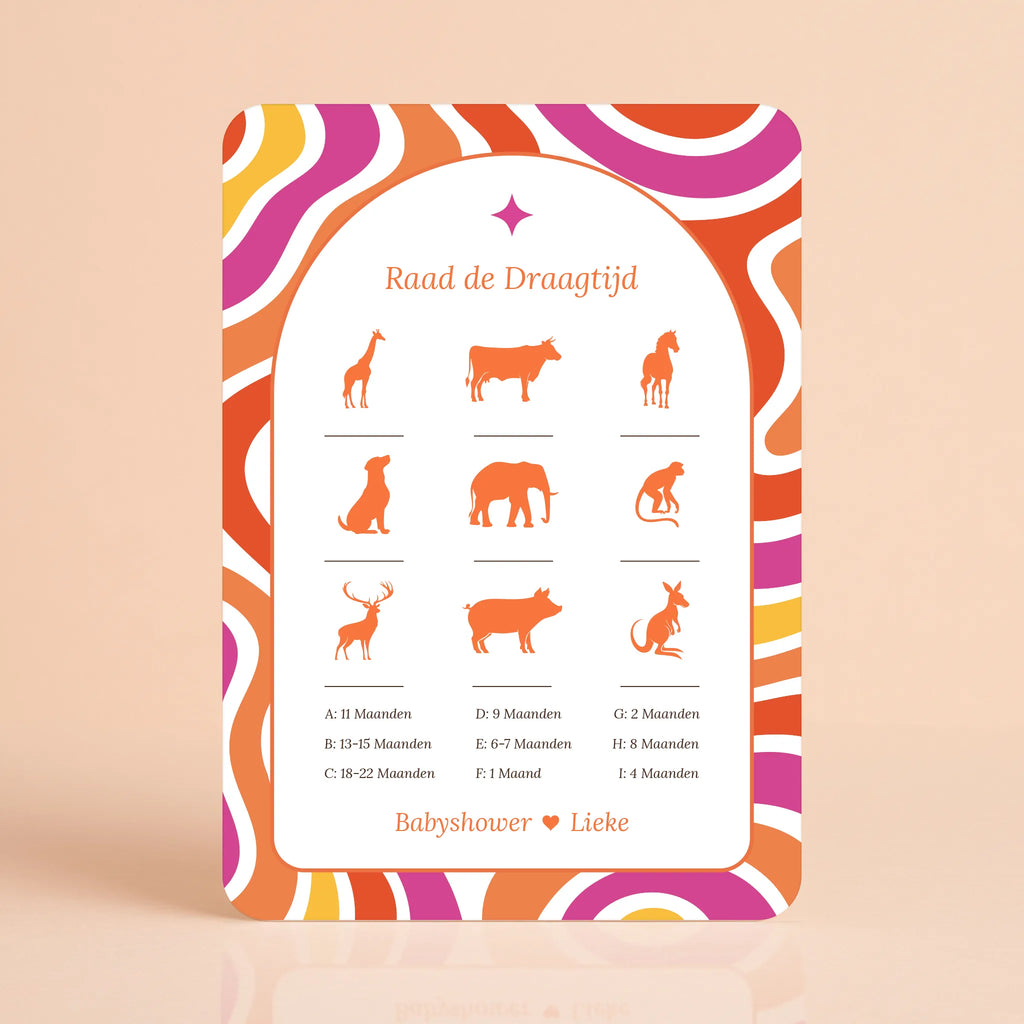 Babyshower spelkaart Raad de Draagtijd in Flower Power stijl, gepersonaliseerd – Studio Miron