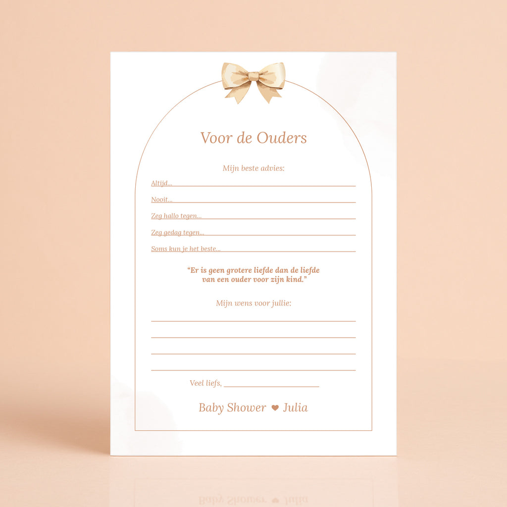 Boho babyshower invulkaart Voor de ouders met beige tinten en strik, gepersonaliseerd met naam – Studio Miron