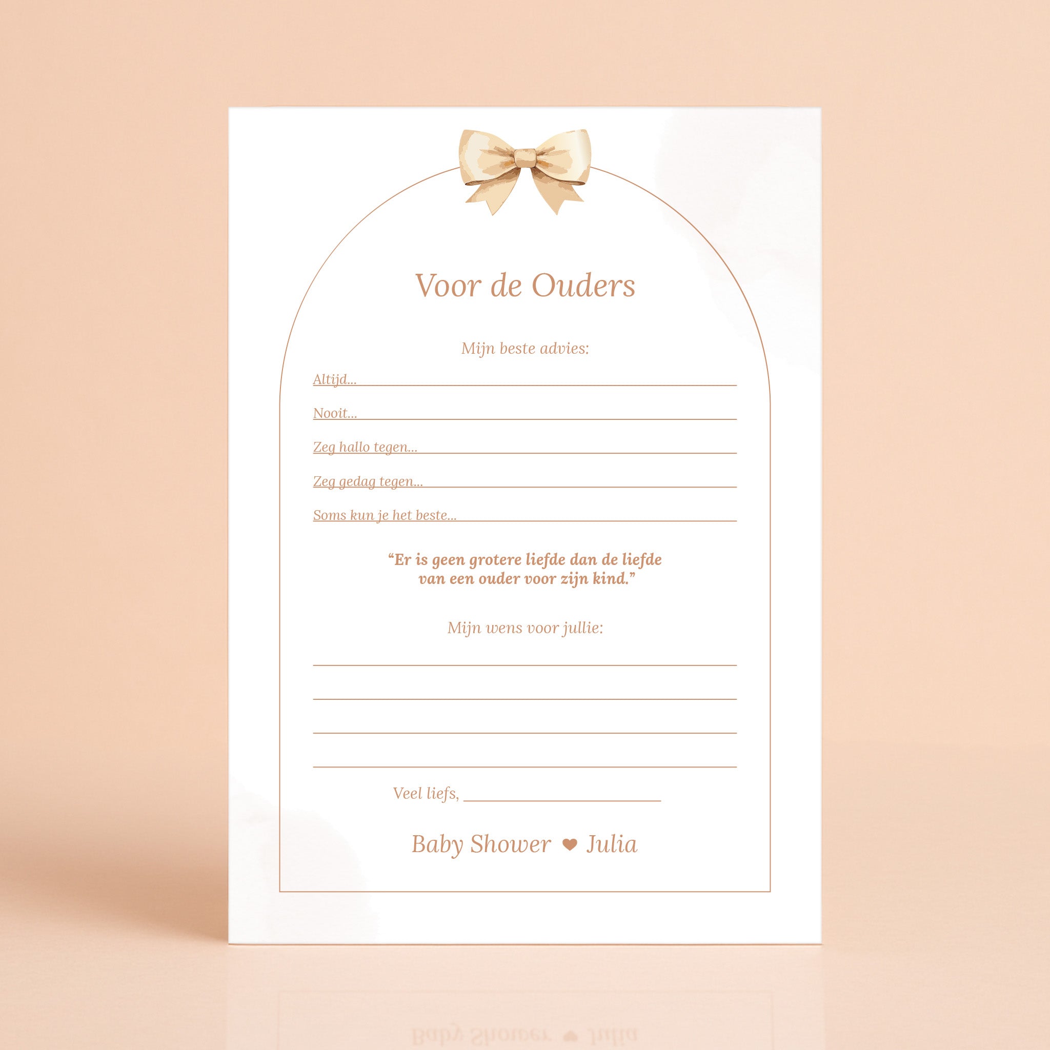 Boho babyshower invulkaart Voor de ouders met beige tinten en strik, gepersonaliseerd met naam – Studio Miron