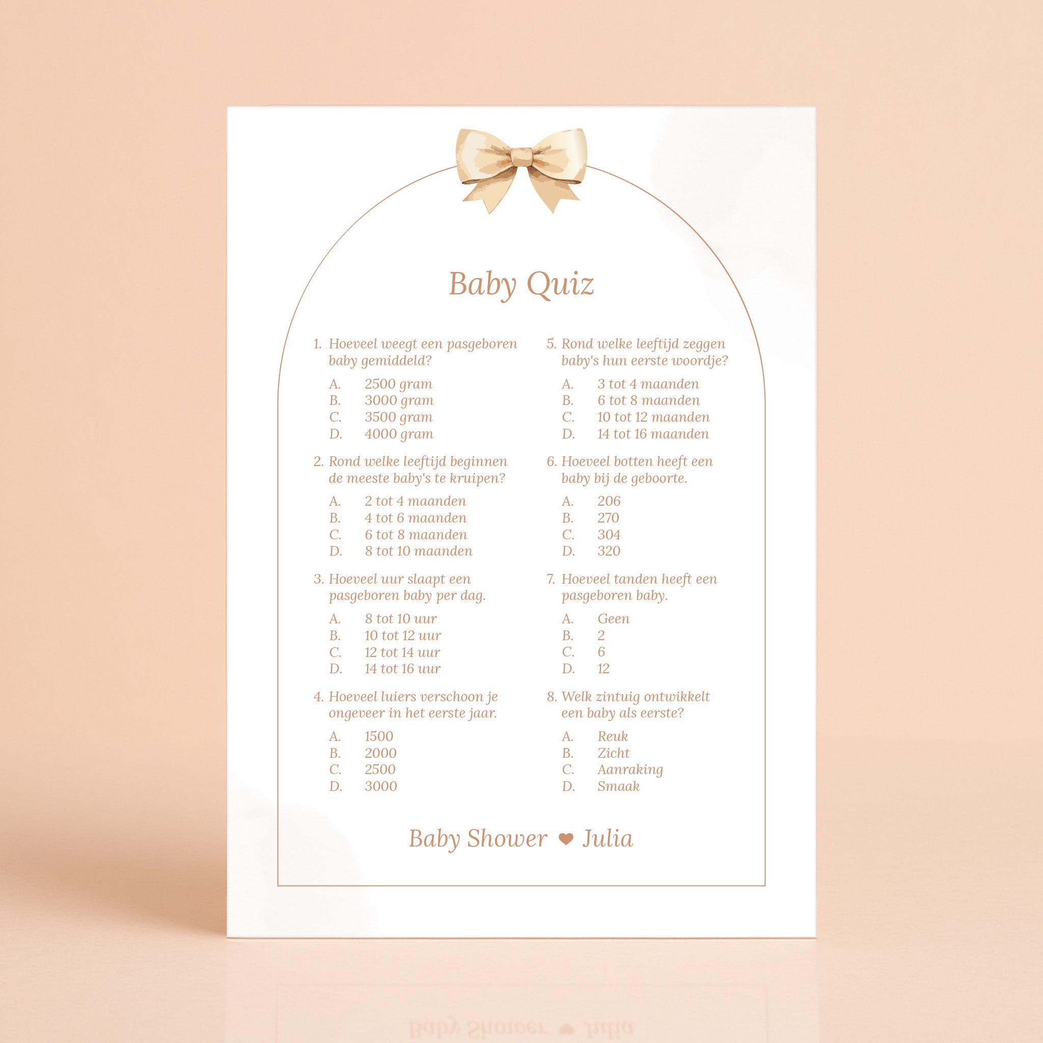 Boho babyshower spelkaart Baby Quiz met beige tinten en strik, gepersonaliseerd met naam – Studio Miron