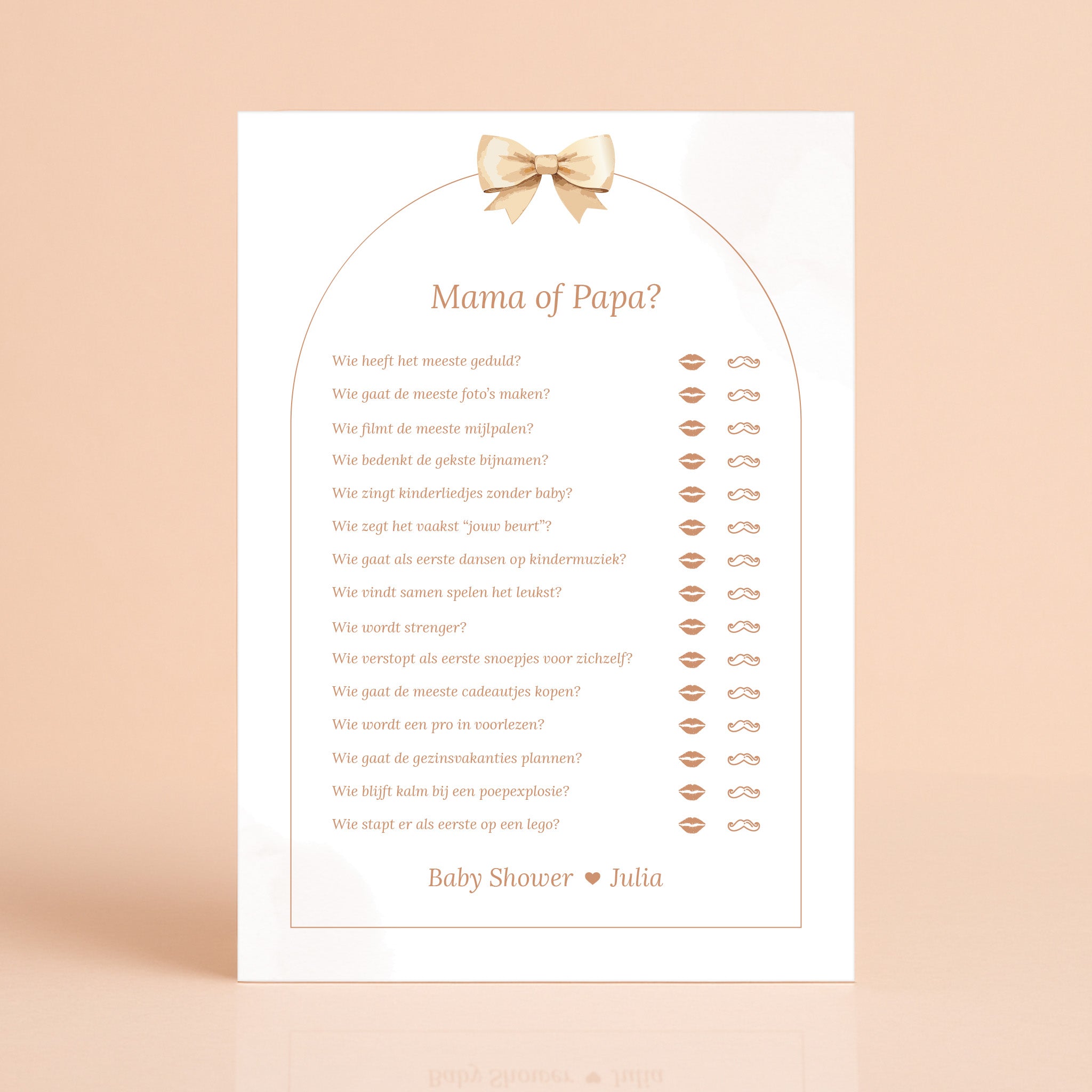 Boho babyshower spelkaart Mama of Papa met beige tinten en strik, gepersonaliseerd met naam – Studio Miron