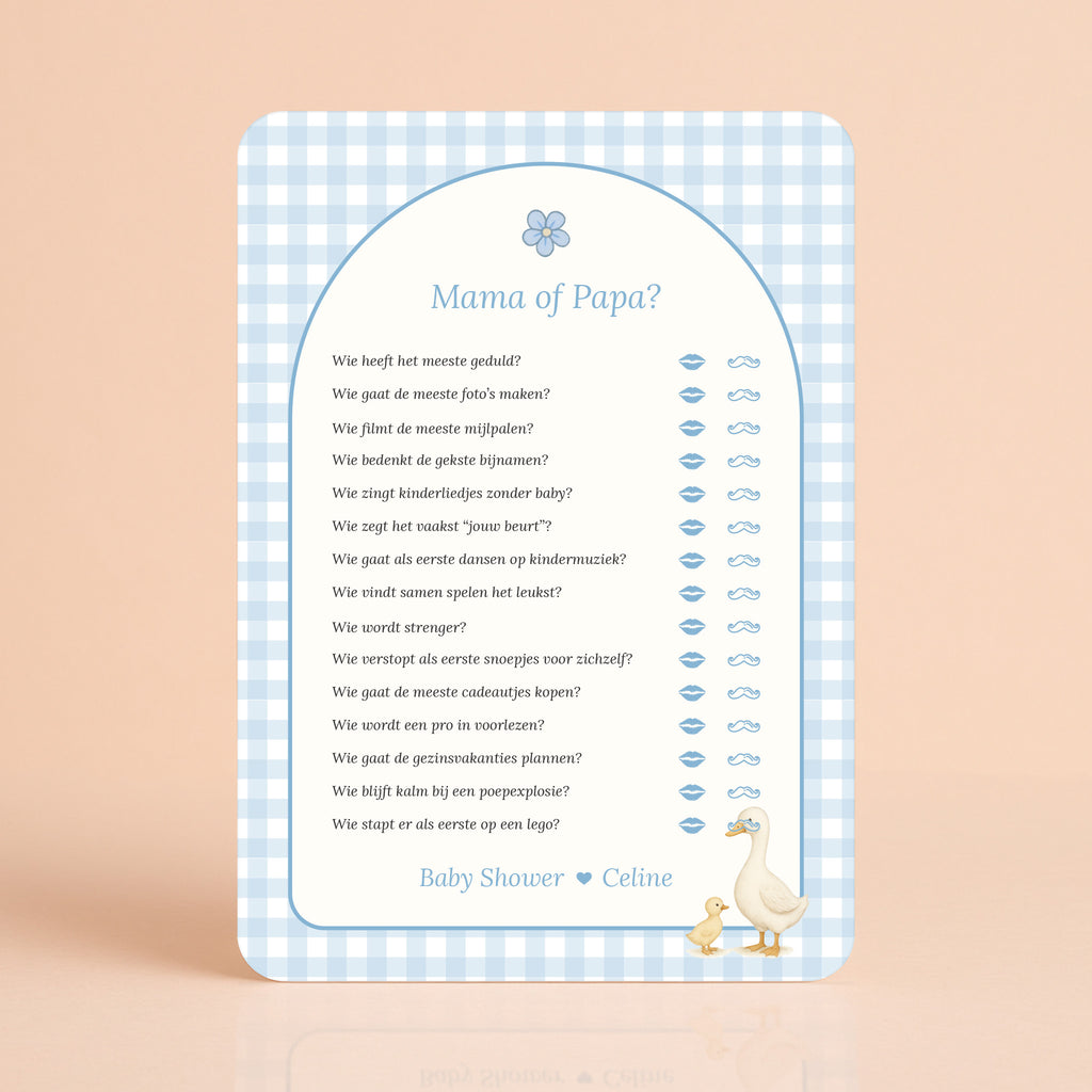 Mama of Papa kaart in gingham blauw met gansje, gepersonaliseerd met naam, Studio Miron