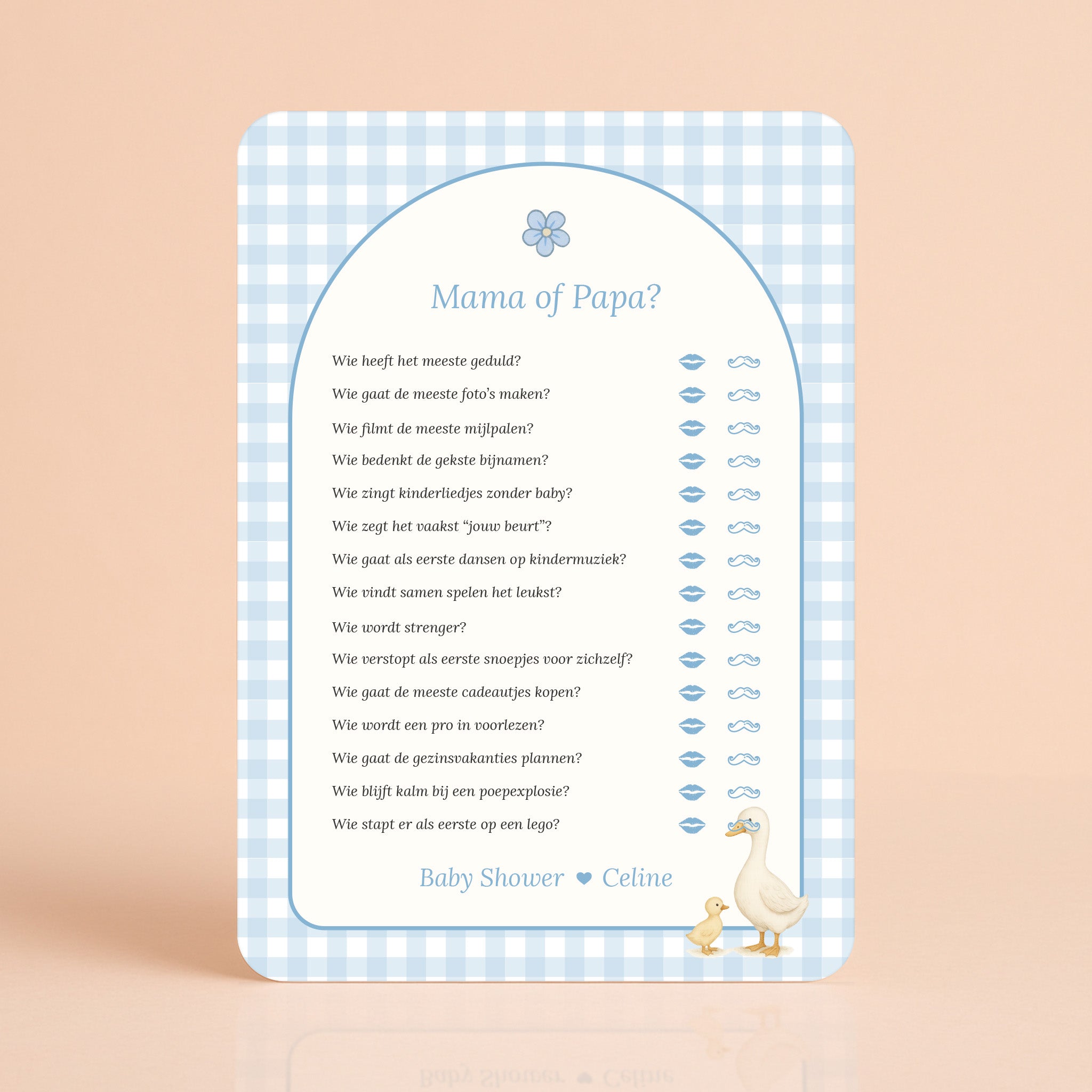 Mama of Papa kaart in gingham blauw met gansje, gepersonaliseerd met naam, Studio Miron