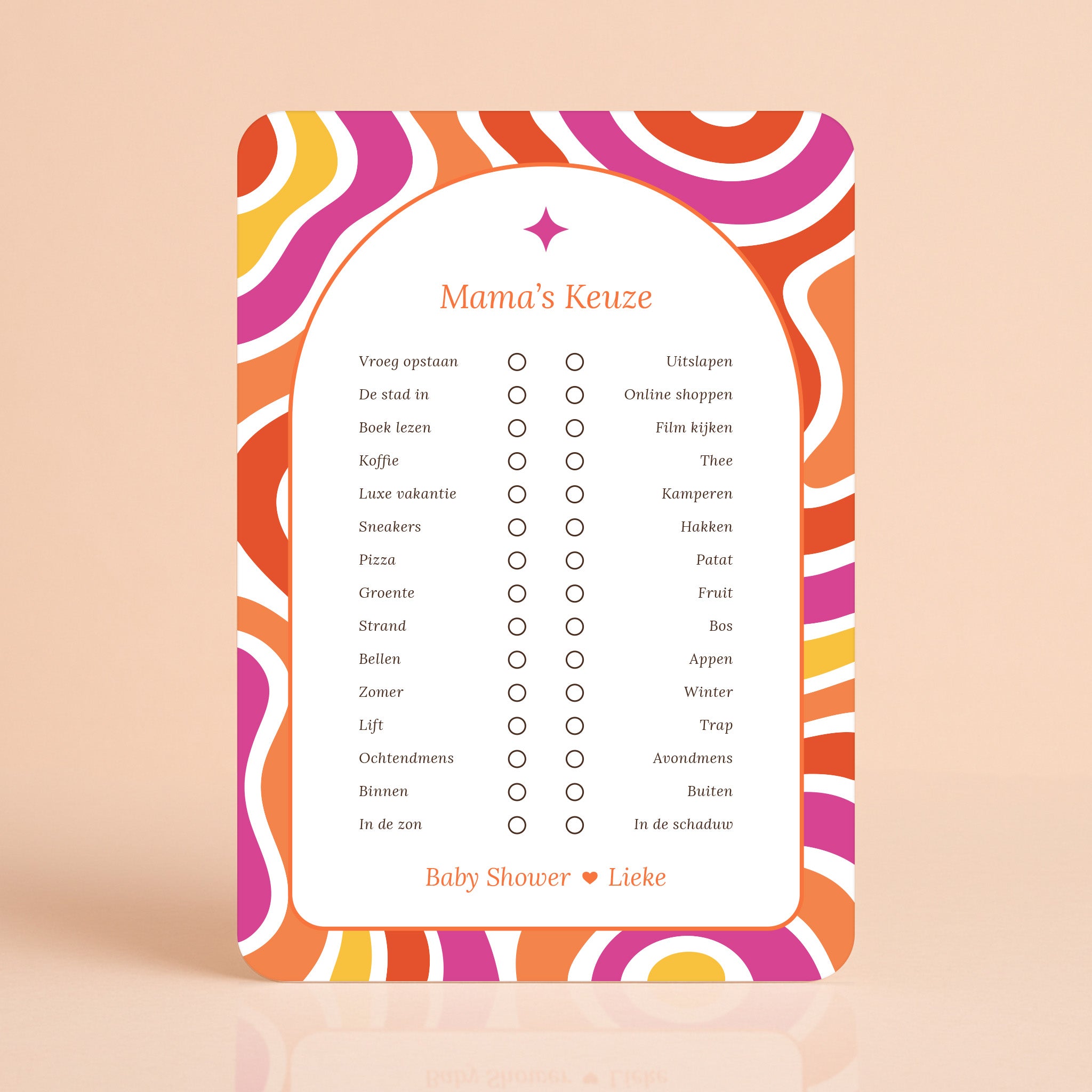 Mama’s Keuze kaart in Flower Power stijl in rood, paars, oranje en geel, gepersonaliseerd met naam – Studio Miron