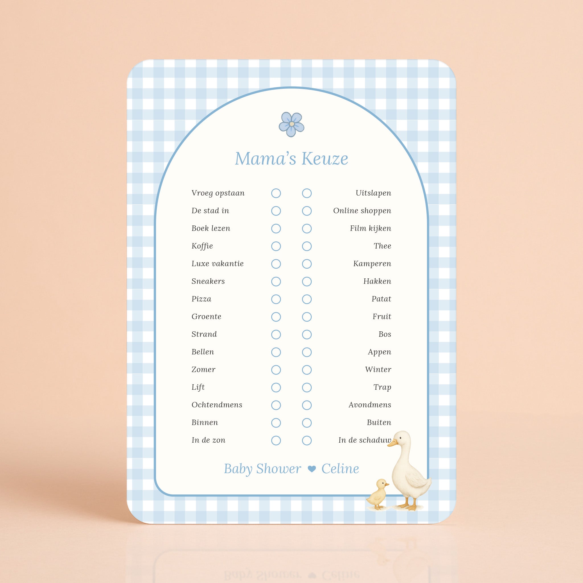 Mama’s Keuze kaart in gingham blauw met gansje, gepersonaliseerd met naam, Studio Miron