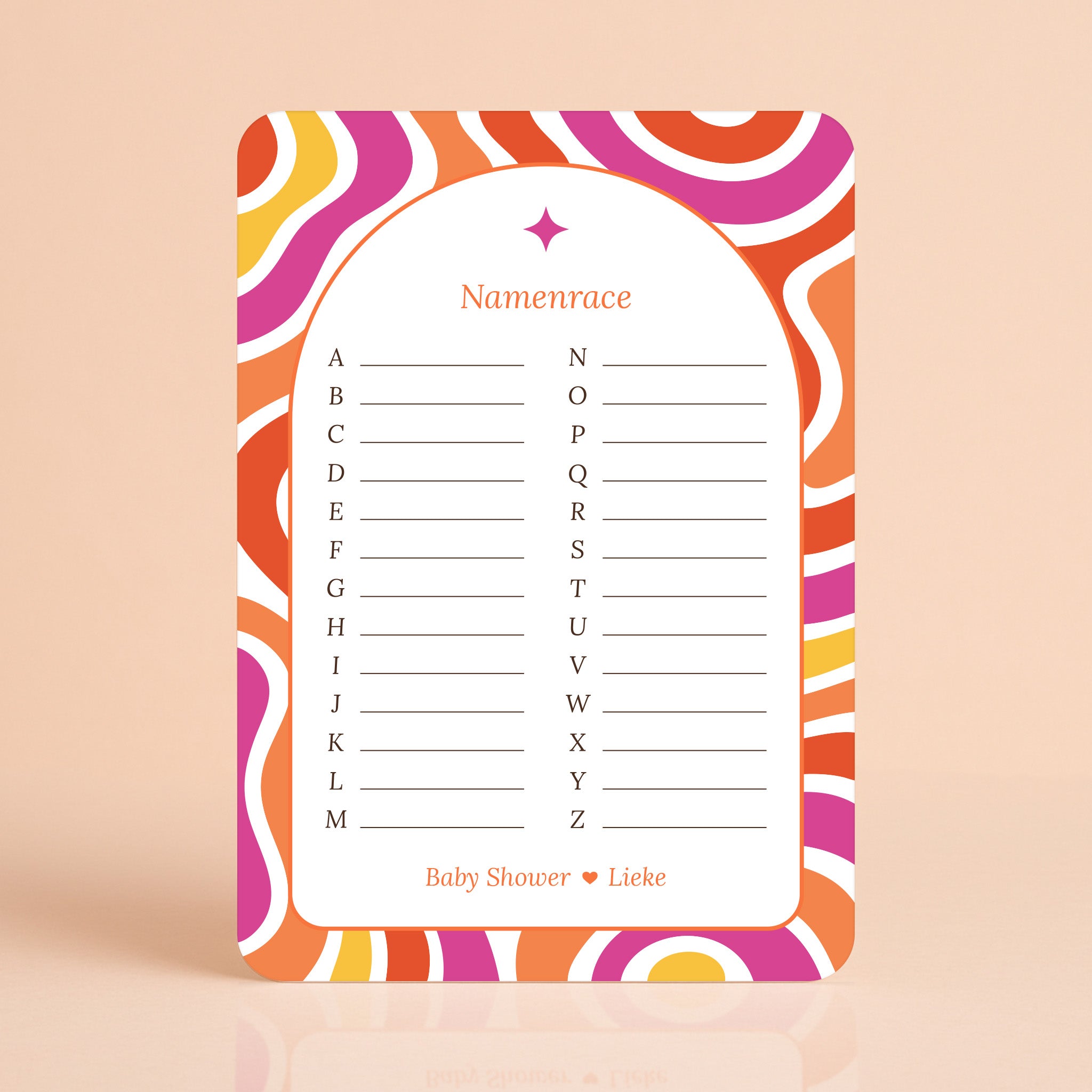 Namenrace kaart in Flower Power stijl in rood, paars, oranje en geel, gepersonaliseerd met naam – Studio Miron