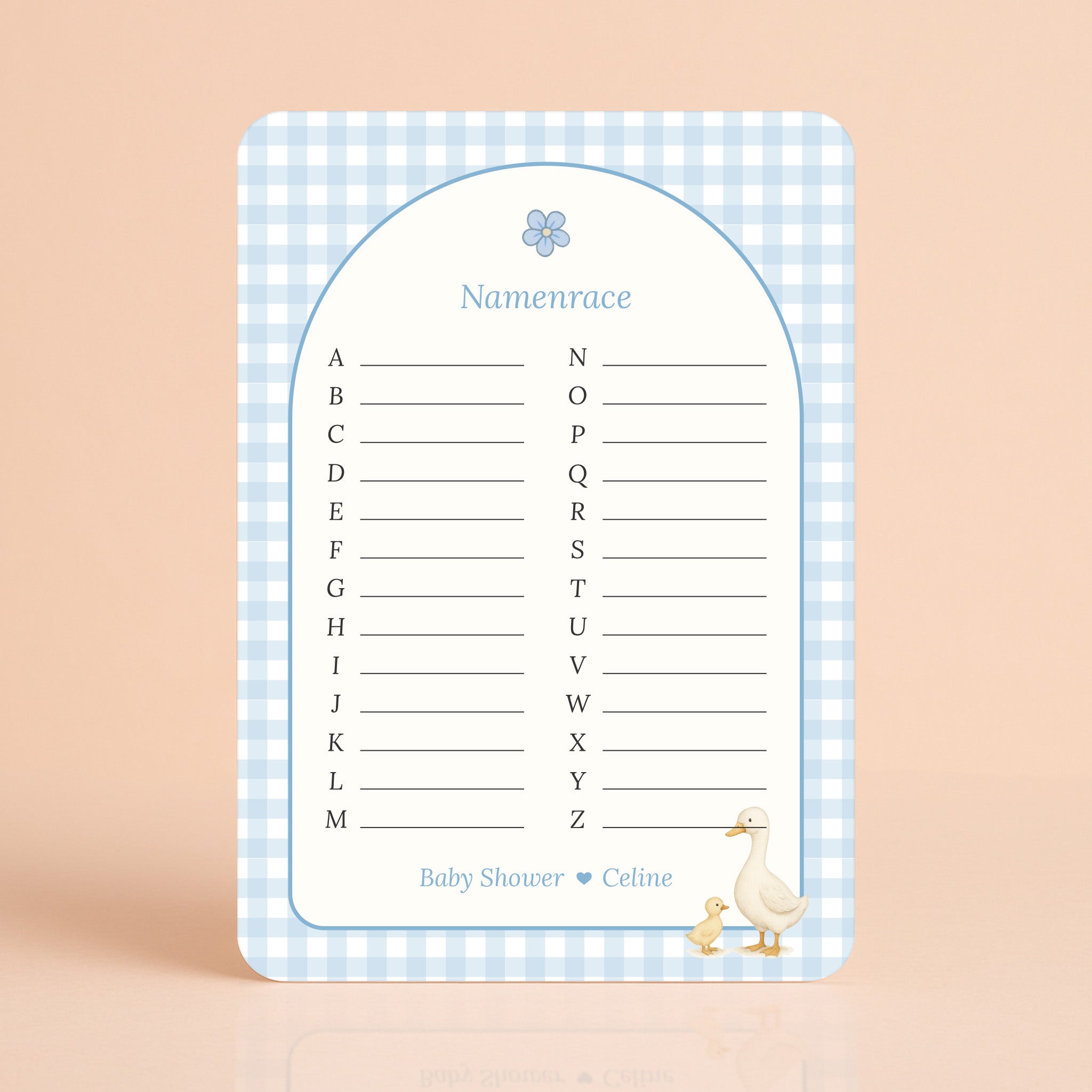 Namenrace kaart in gingham blauw met gansje, gepersonaliseerd met naam, Studio Miron