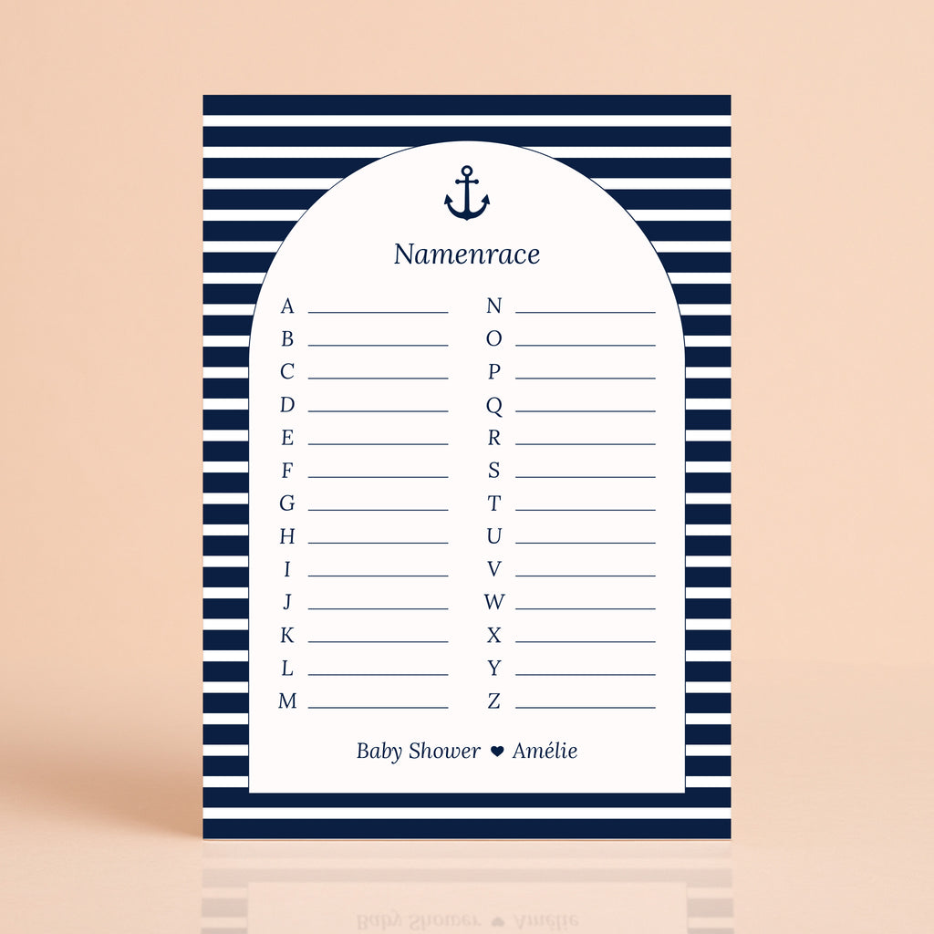 Namenrace kaart in Navy Blue met streepjes, gepersonaliseerd met naam, Studio Miron