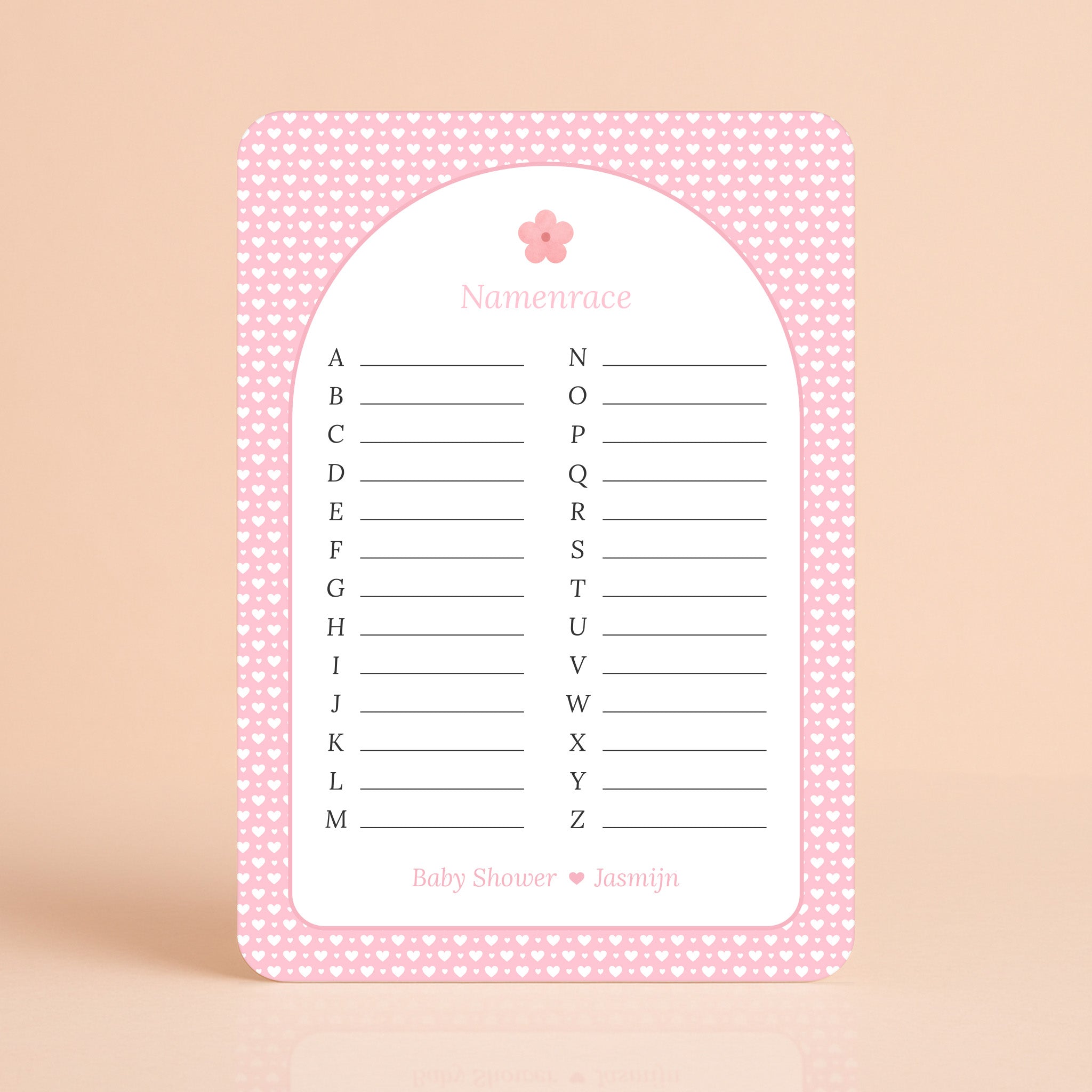 Namenrace kaart met witte hartjes op roze achtergrond en bloemaccent, gepersonaliseerd met naam – Studio Miron