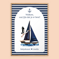 Babyshower welkomstposter in Navy Blue in eiken lijst, gepersonaliseerd met eigen tekst – Studio Miron