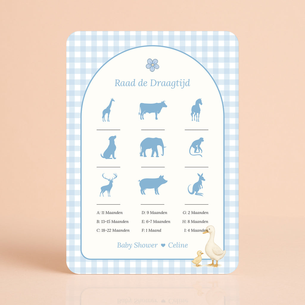Raad de Draagtijd kaart in gingham blauw met gansje, gepersonaliseerd met naam, Studio Miron
