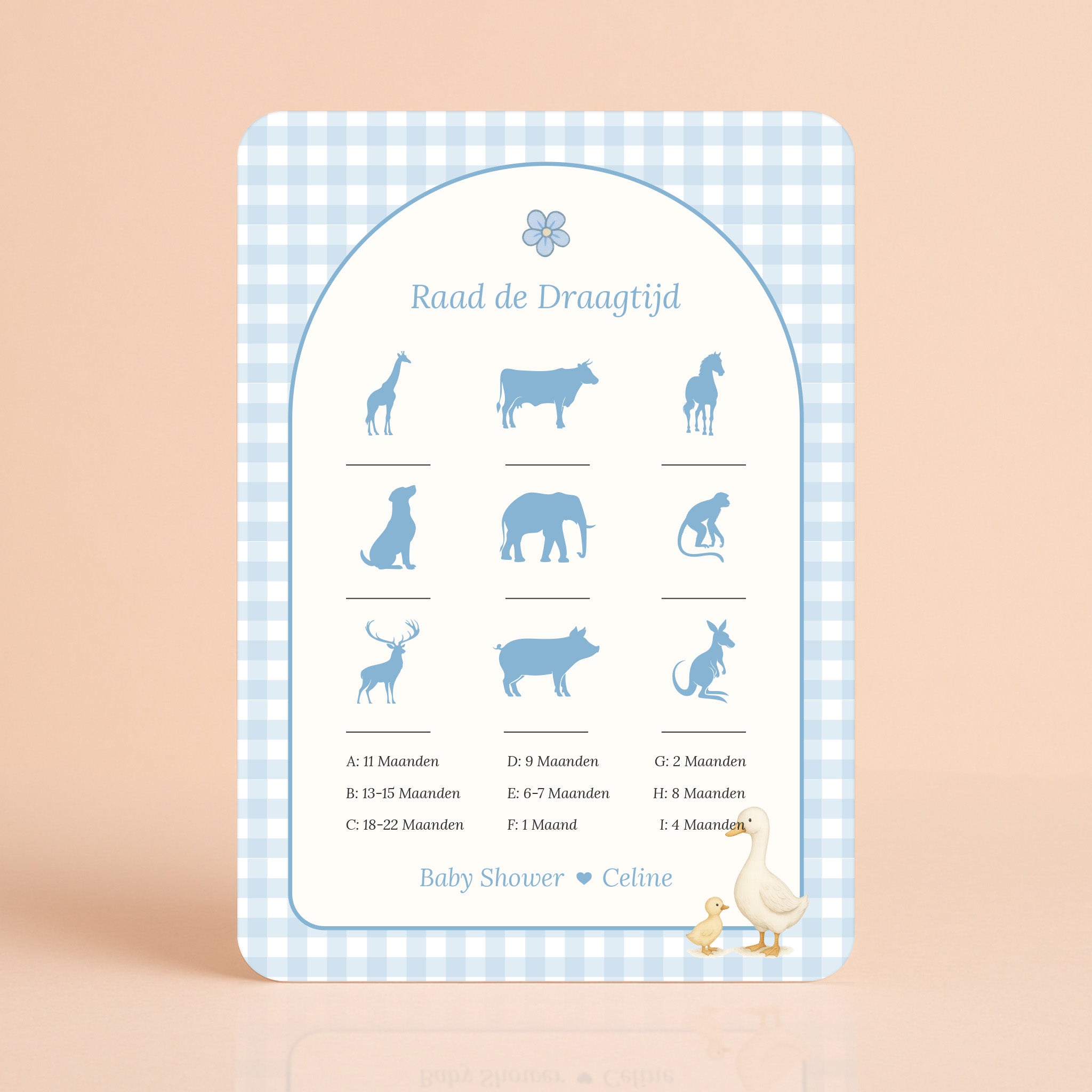 Raad de Draagtijd kaart in gingham blauw met gansje, gepersonaliseerd met naam, Studio Miron