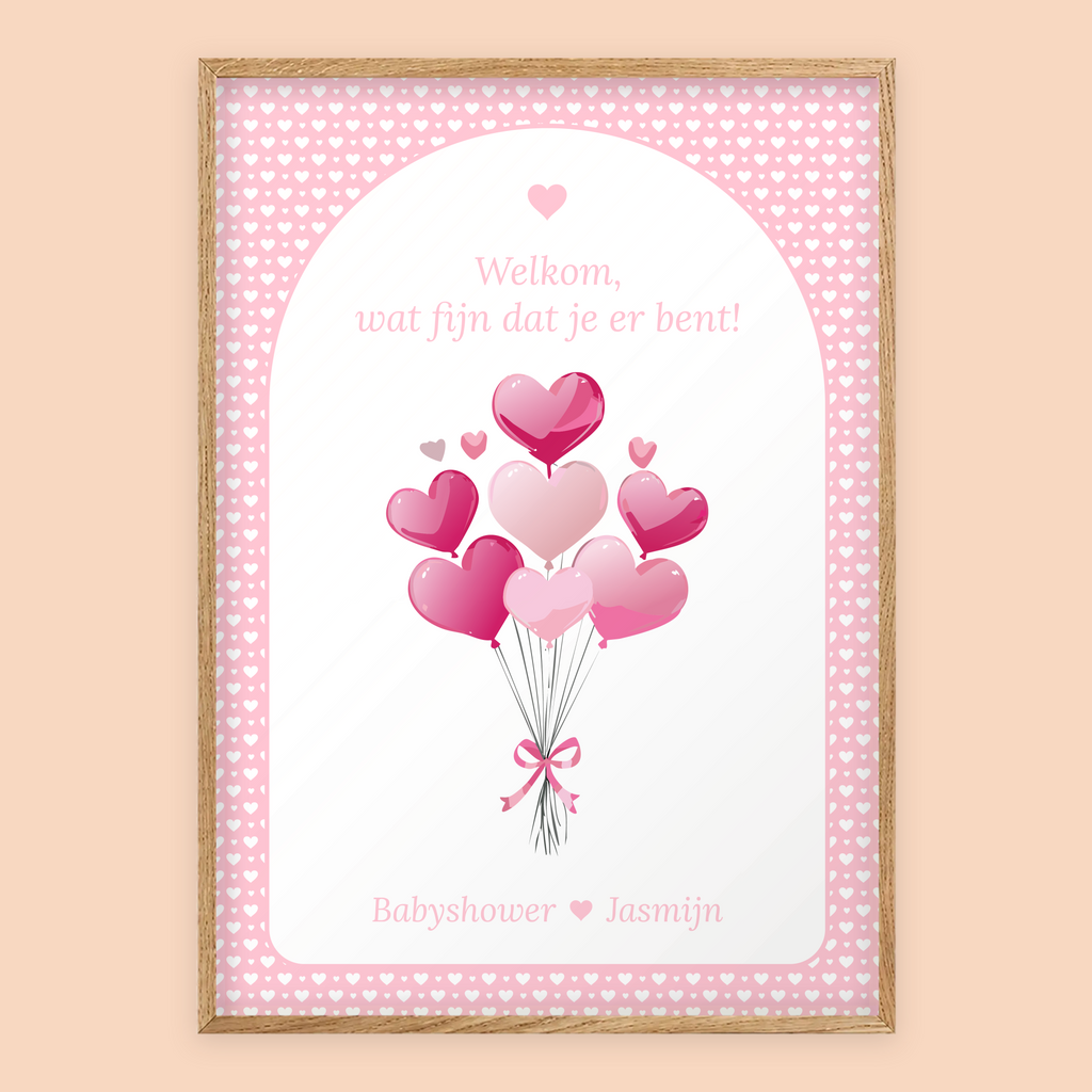 Babyshower welkomstposter in Roze Hartjes in eiken lijst, gepersonaliseerd met eigen tekst – Studio Miron