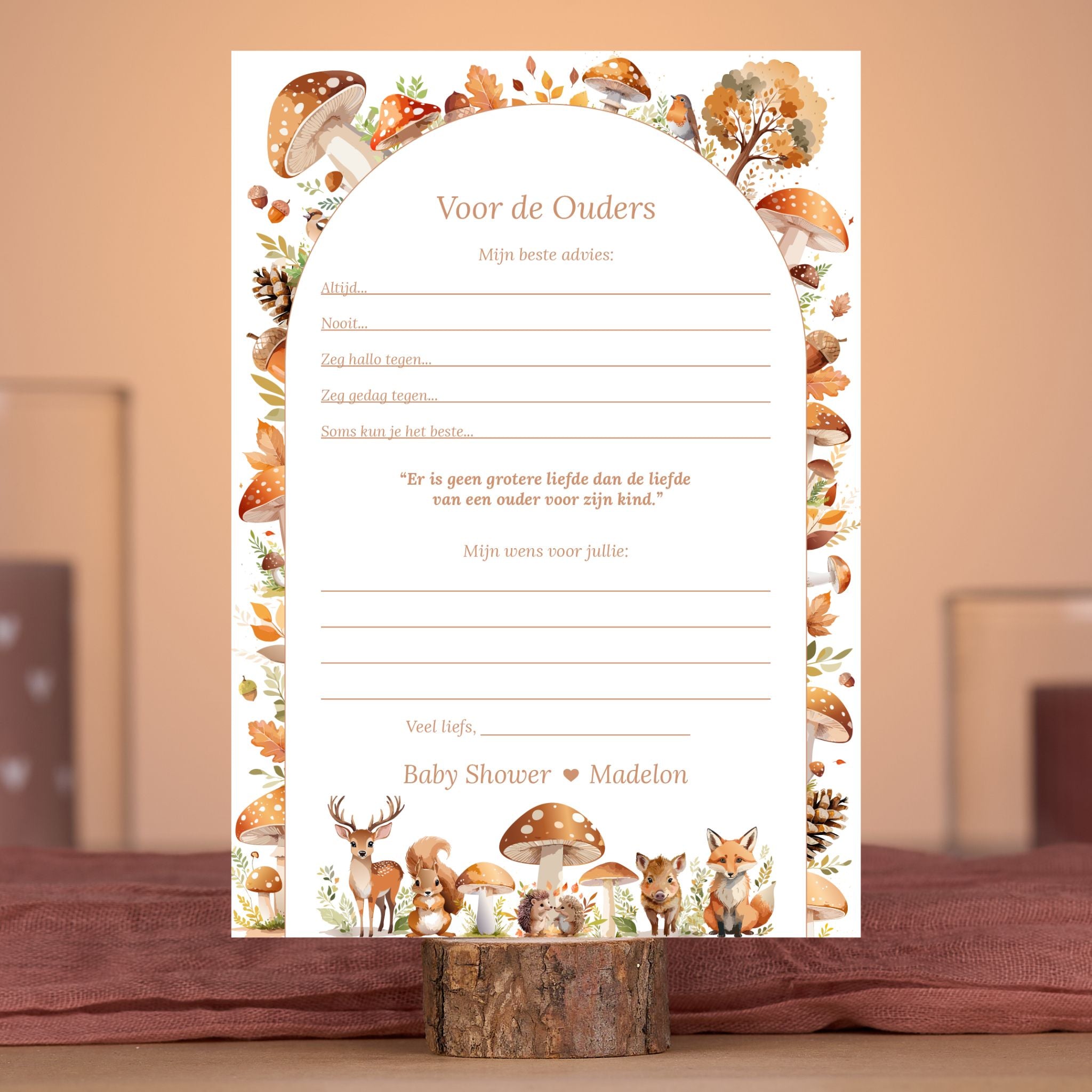 Voor de Ouders kaart in Bosdieren stijl in babyshower setting met herfstdecoratie – Studio Miron