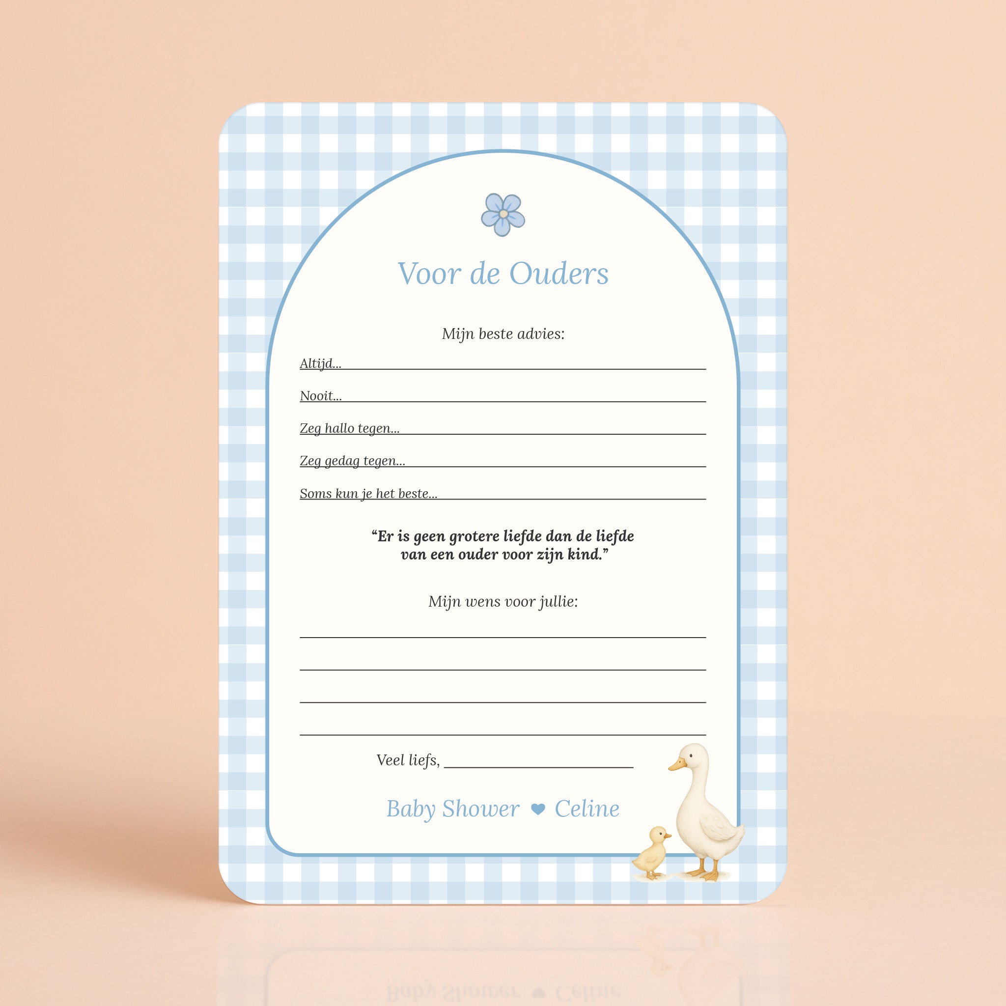 Voor de Ouders kaart in gingham blauw met gansje, lichtblauwe tinten, gepersonaliseerd met naam, Studio Miron
