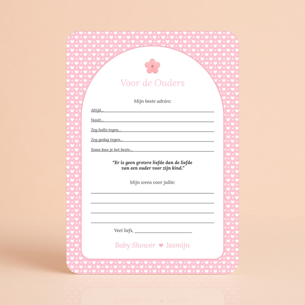 Voor de Ouders kaart met witte hartjes op roze achtergrond en bloemaccent, gepersonaliseerd met naam – Studio Miron