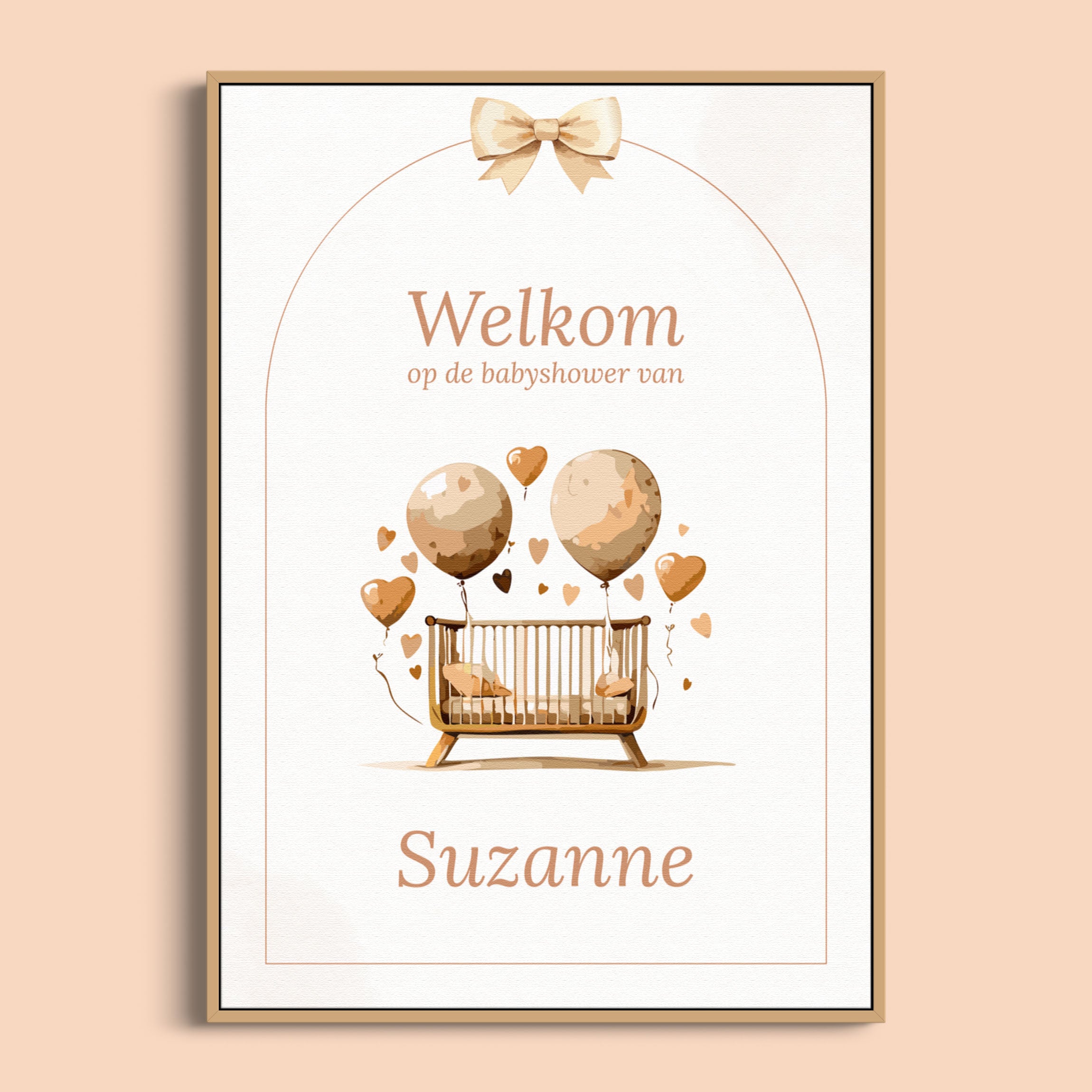Welkomstposter in Boho stijl met wieg en ballonnen, gepersonaliseerd met naam, Studio Miron