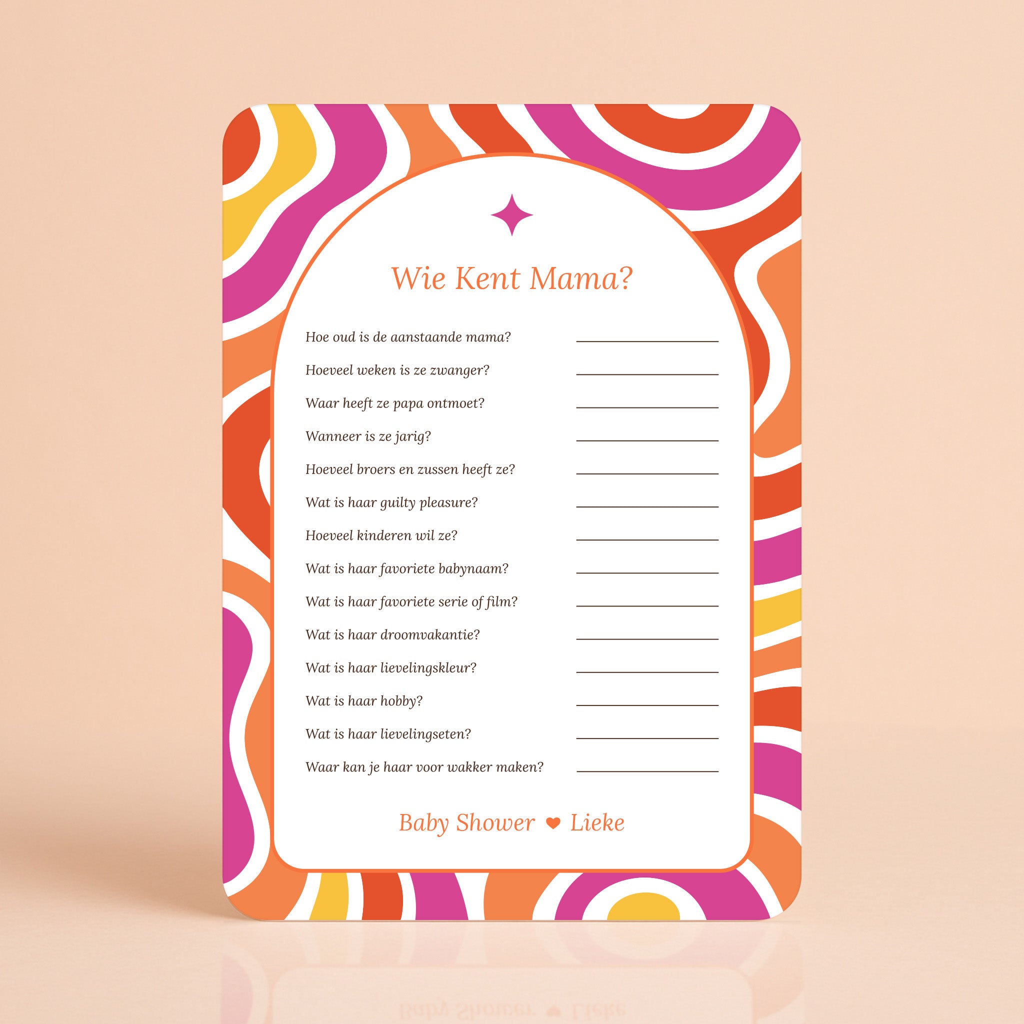 Wie kent mama kaart in Flower Power stijl in rood, paars, oranje en geel, gepersonaliseerd met naam – Studio Miron