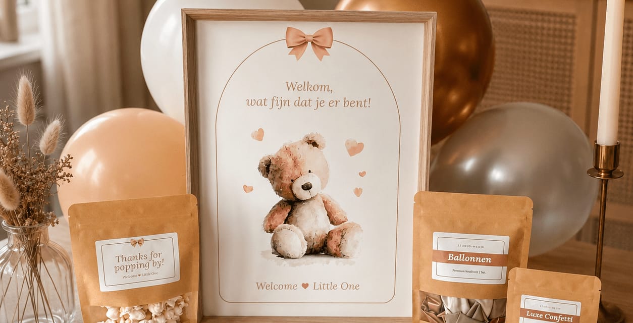 Babyparty-Paket im Stil Boho Bärchen mit Willkommensposter, Ausfüllkarten und Deko